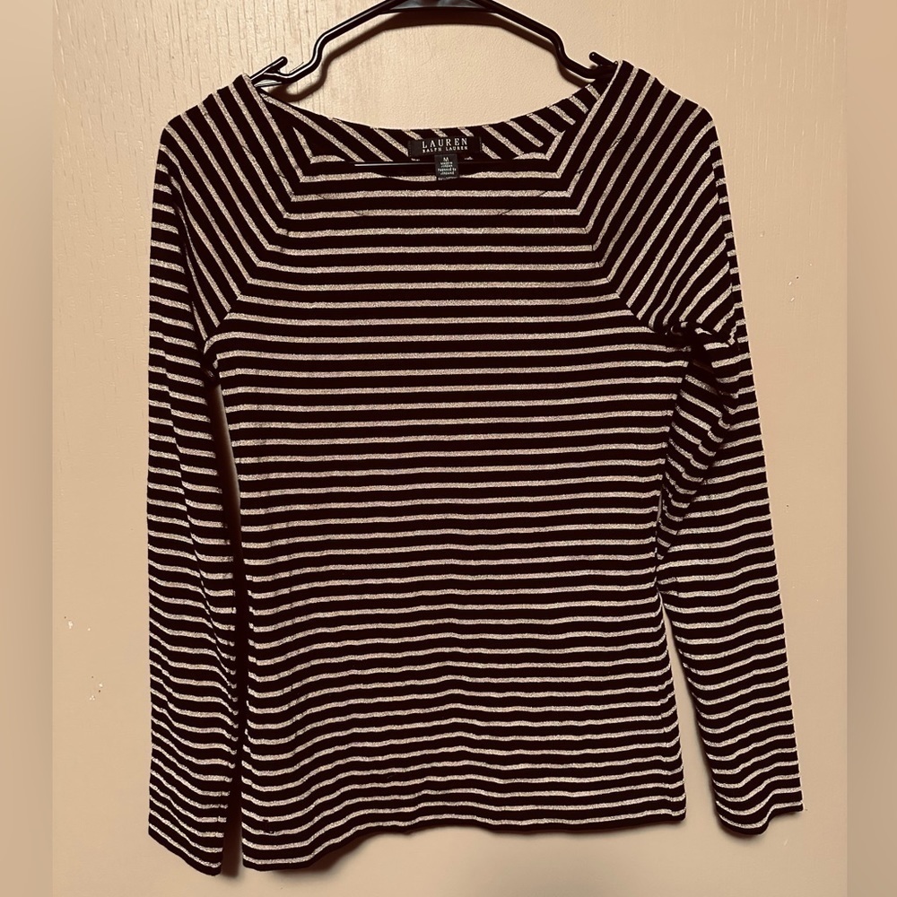 Lauren Ralph Lauren Medium Gold Black Metallic Stripped Casual Blouse Preppy